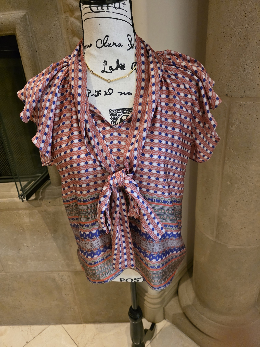 Collective Concepts Printed Tie-Neck Blouse in Coral and Blue
